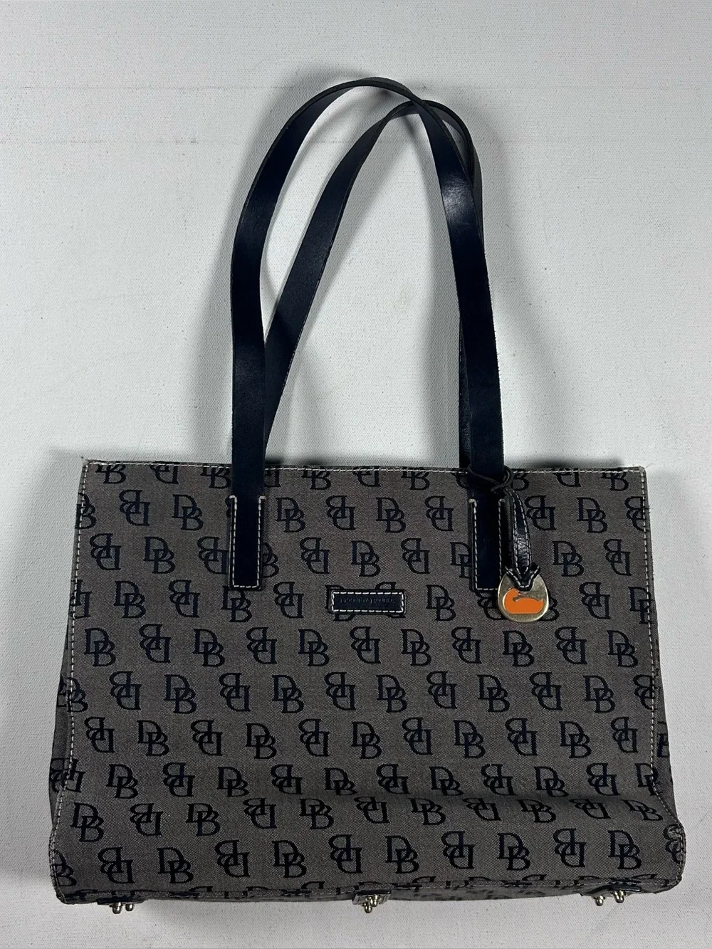 Dooney & Bourke Ashton Tote Bag Black Gray DB Monogram Canvas Leather Large EUC